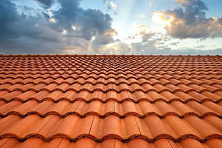 Terracotta roof tiles stretch across the frame below a partly cloudy sky