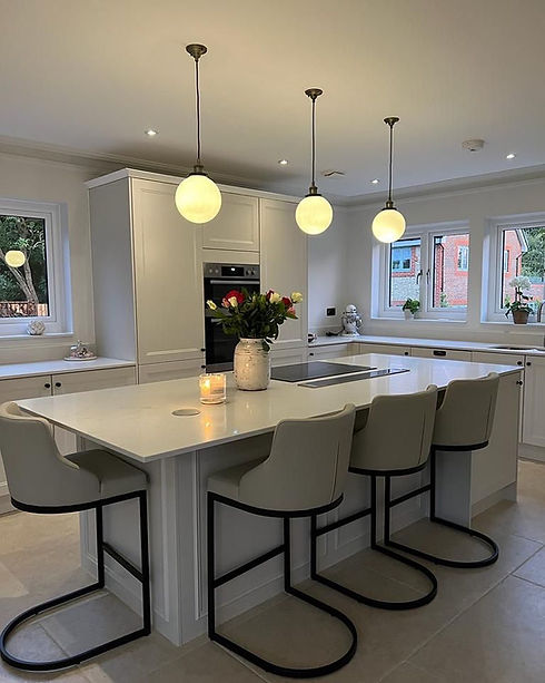 Modern kitchen with island, bar stools, and pendant lights