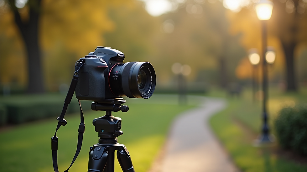 Eye-level view of a camera set up on a tripod in a park