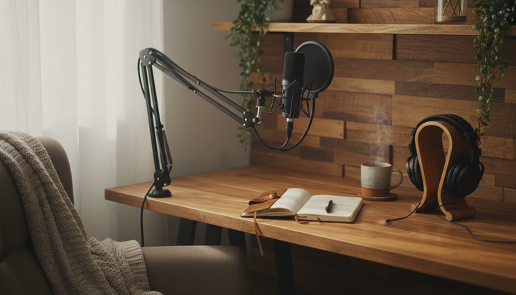 Wide-angle view of a cozy home recording corner with a microphone, headphones, and a notebook on a small wooden table