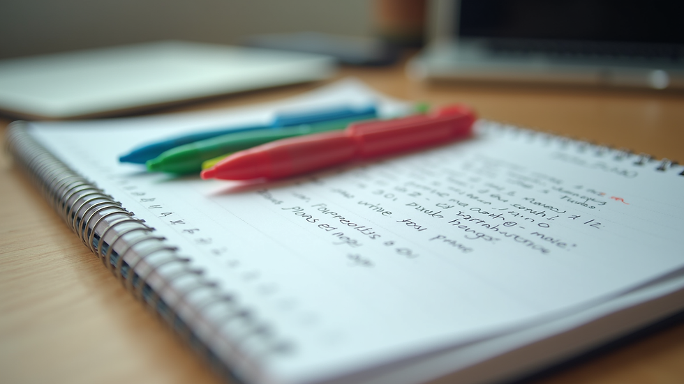 Close-up view of a notebook with coaching notes and colorful pens on a desk
