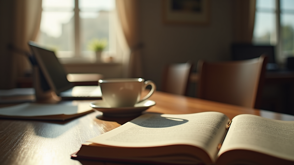 Eye-level view of a cozy teacher’s desk with a journal and a cup of tea
