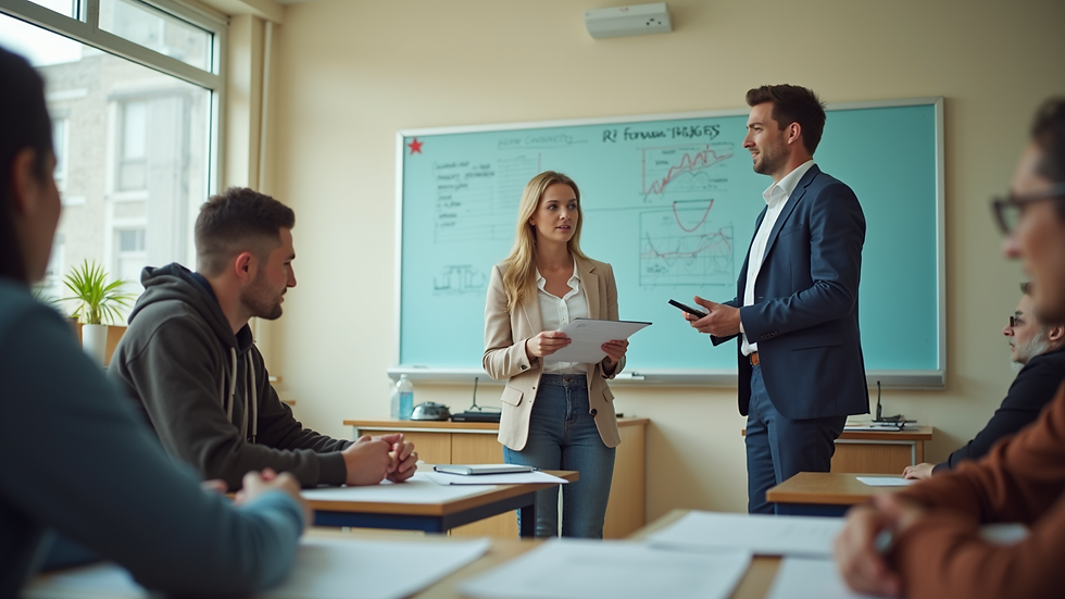 Eye-level view of a teacher and coach discussing lesson plans in a bright classroom