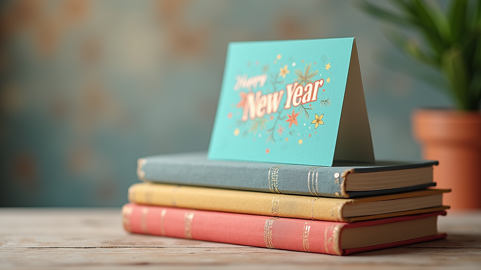 Close-up view of a stack of colorful books with a New Year greeting card on top