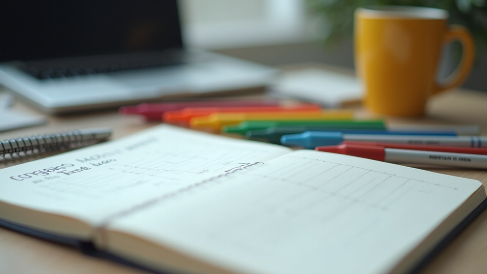 Close-up view of a notebook with coaching notes and colorful pens on a desk