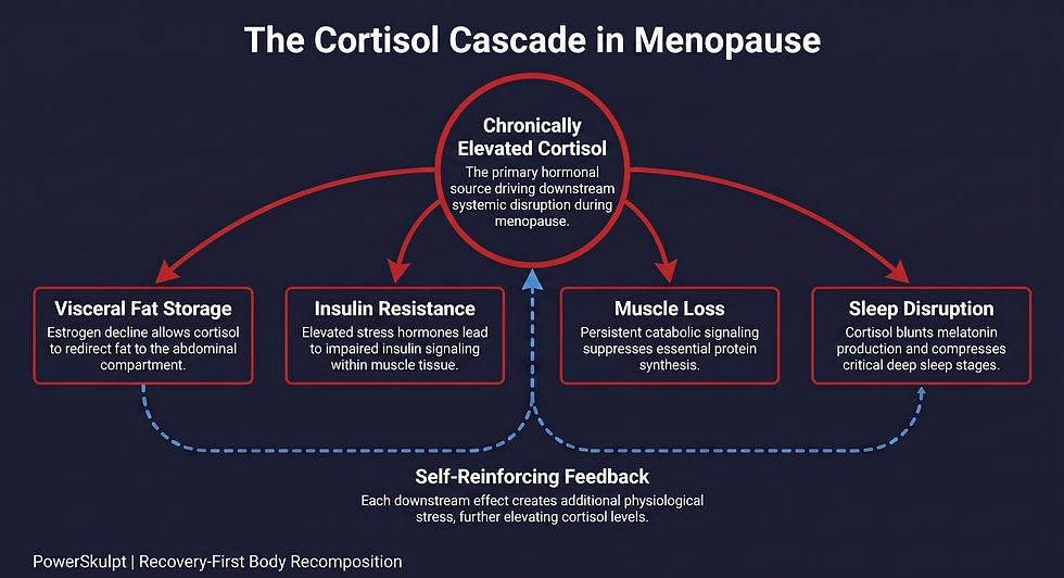 Clinical cascade diagram showing how chronically elevated cortisol in menopause drives four reinforcing downstream effects: visceral fat storage, insulin resistance, muscle loss, and sleep disruption, with a feedback loop back to cortisol elevation.