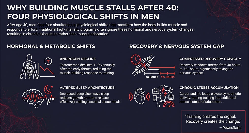 Infographic: four physiological shifts that stall muscle building after 40 for men — androgen decline, sleep shift, recovery, stress