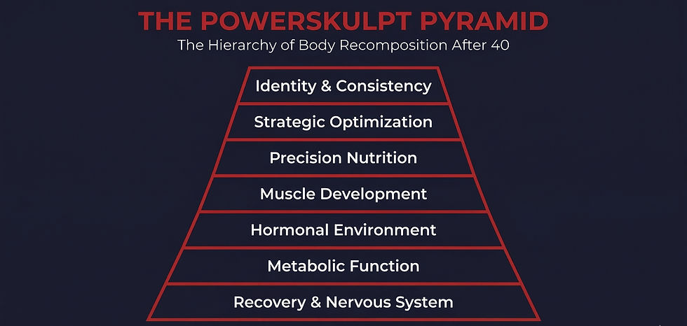 The PowerSkulpt Pyramid — hierarchy of body recomposition over 40 from recovery foundation to identity
