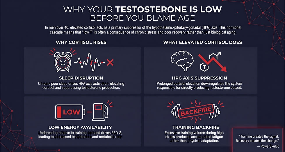 Infographic showing the cortisol-testosterone axis in men over 40 — sleep disruption, low energy availability, HPG axis suppression of testosterone, and chronic training backfire