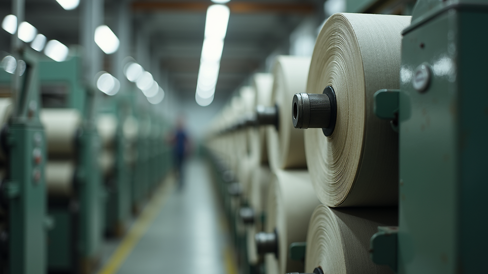 Close-up of recycled fabric rolls in a textile factory