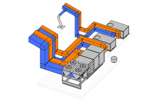 3D mechanical model of HVAC ductwork and equipment with airflow paths indicated