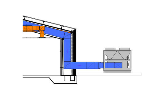 Section view of HVAC duct connection from interior system to external unit