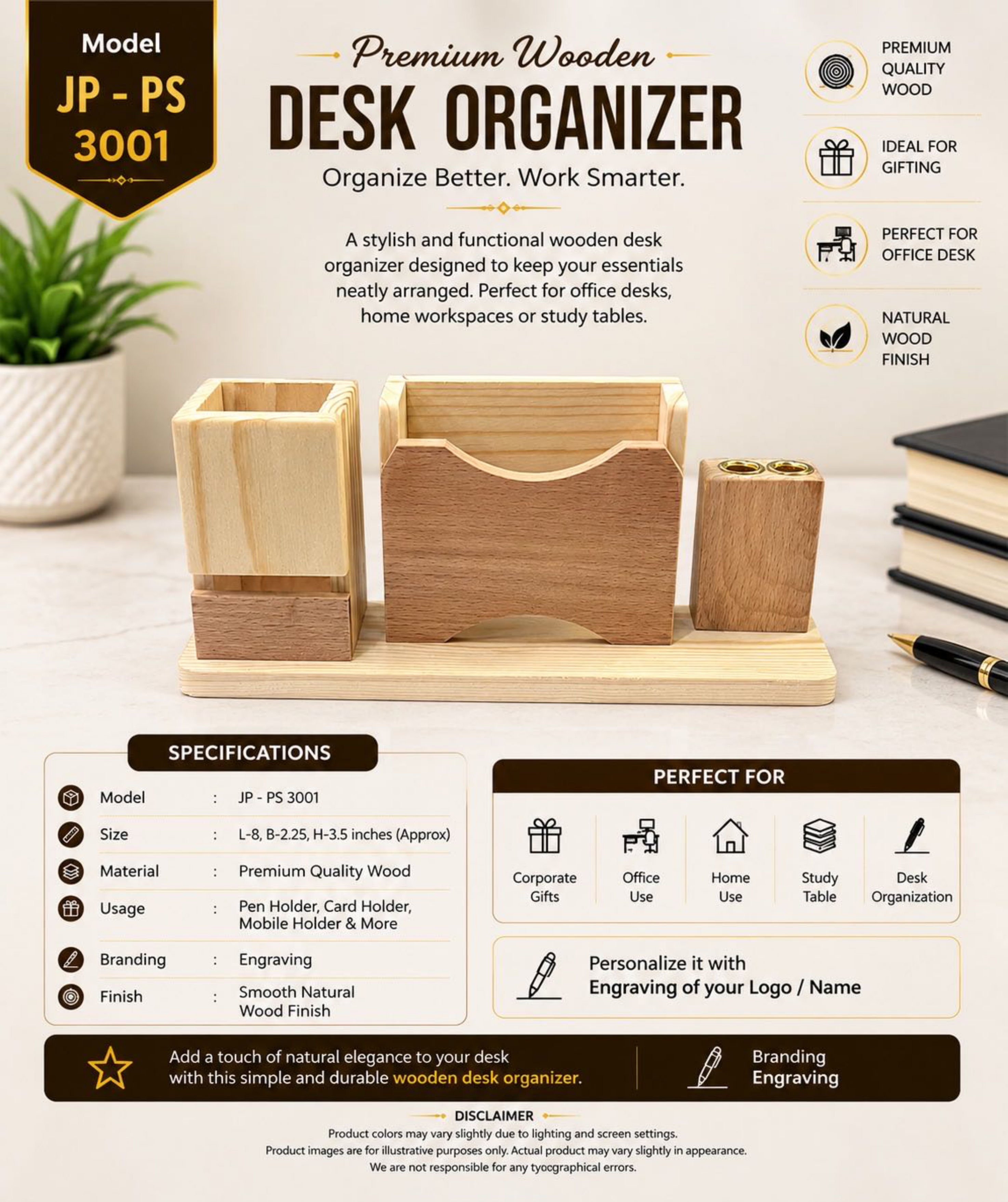 JPM | Premium Wooden Desk Organizer | JP - PS 3001 | D210