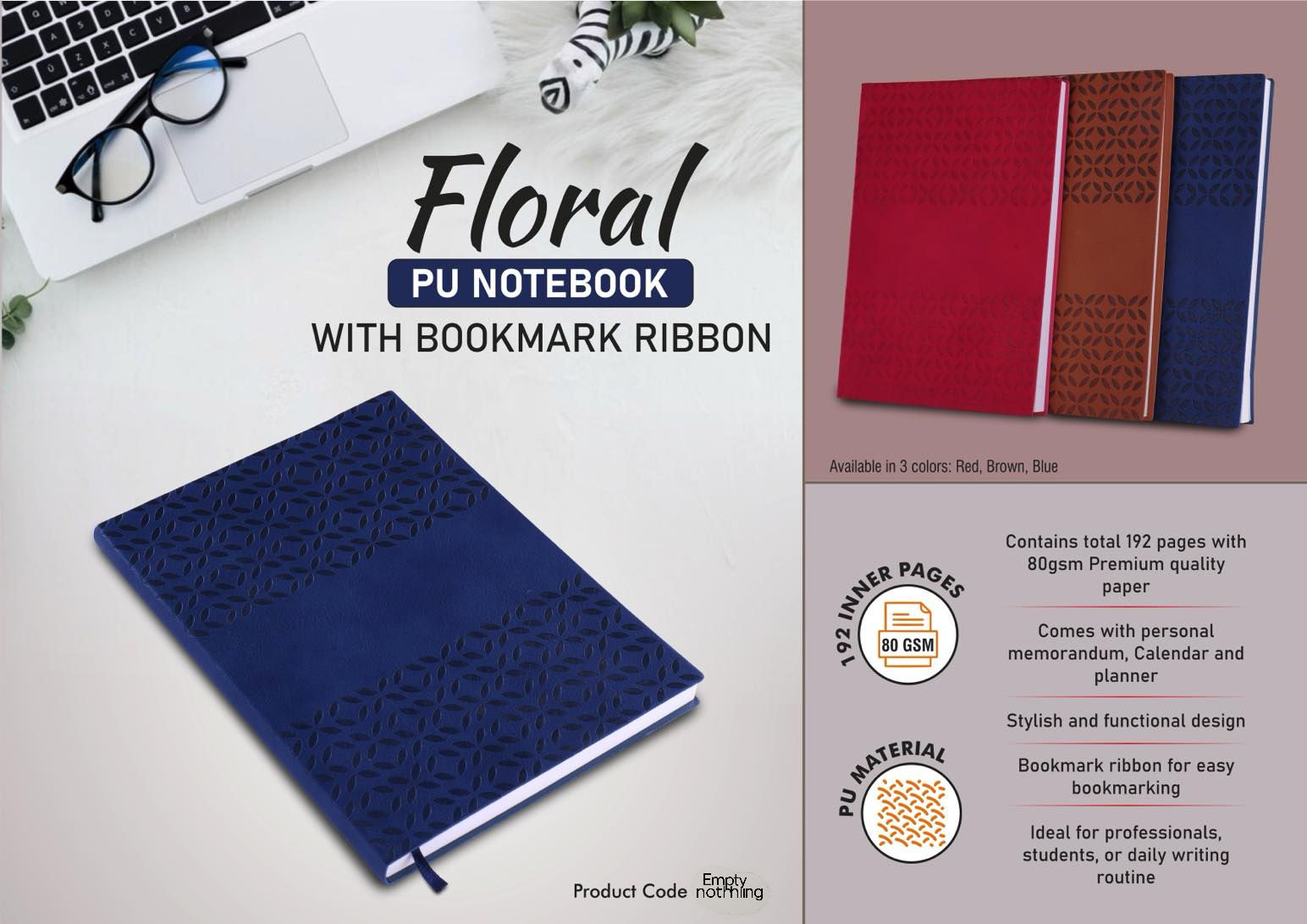 Floral Pu Notebook With Bookmark Ribbon | EAEA 1 | B 191 | D300