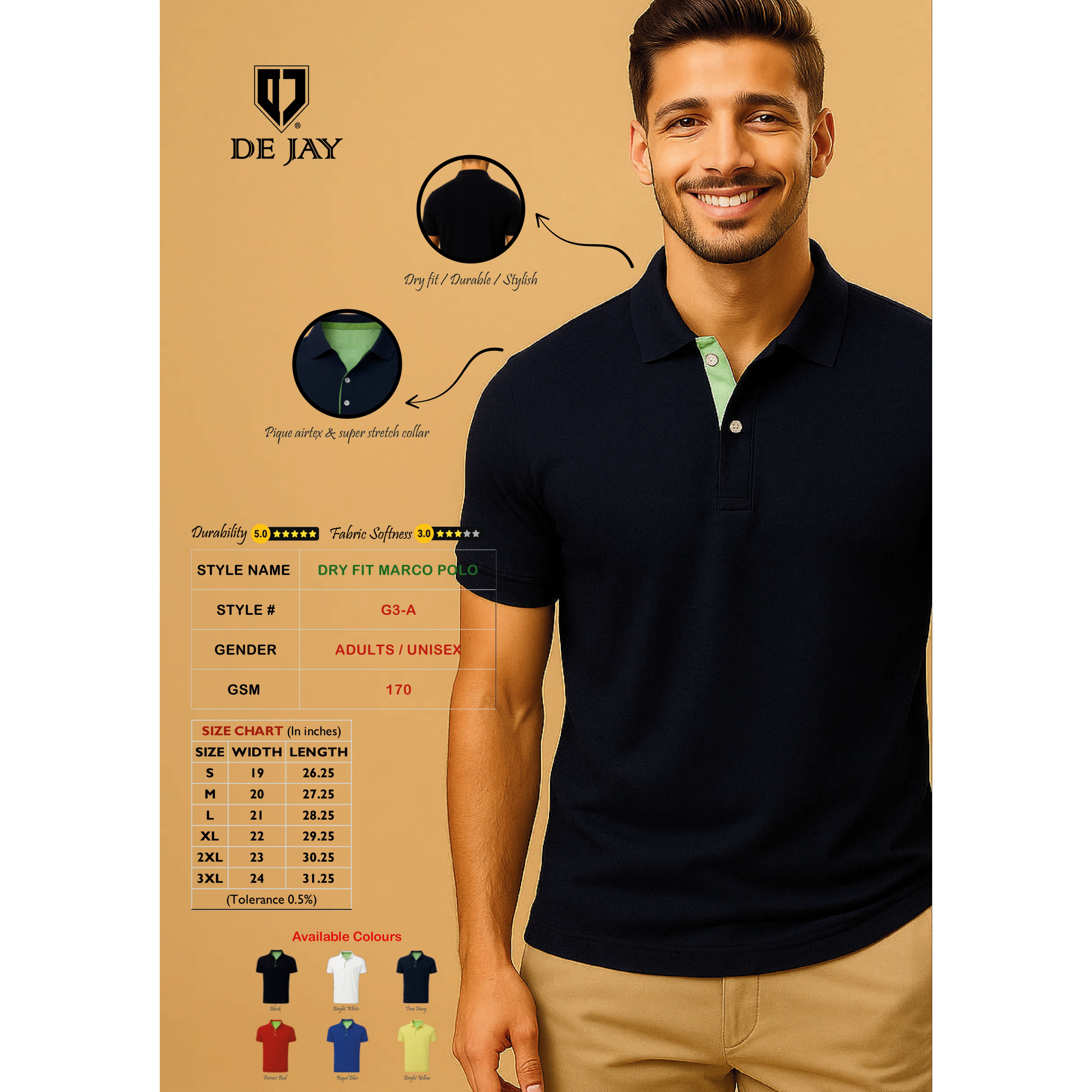 DE JAY | Dry Fit Marco Polo T-Shirt | G3-A | D710 | MRP Rs. 1599