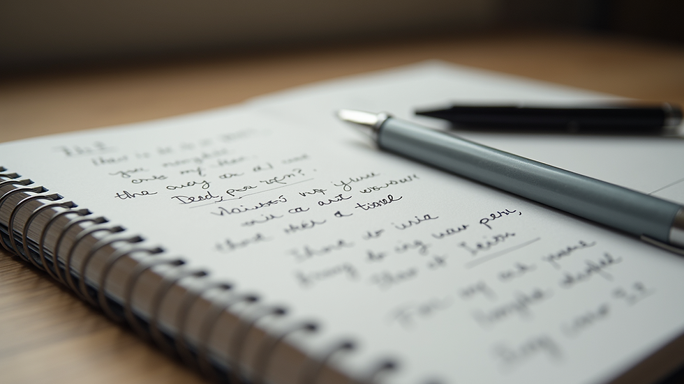 close-up view of a notebook with handwritten literary notes and a pen