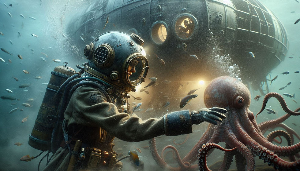 Nahaufnahme eines am uboot unter wasser arbeitenden weiblichen Tauchers mit geschlossenem