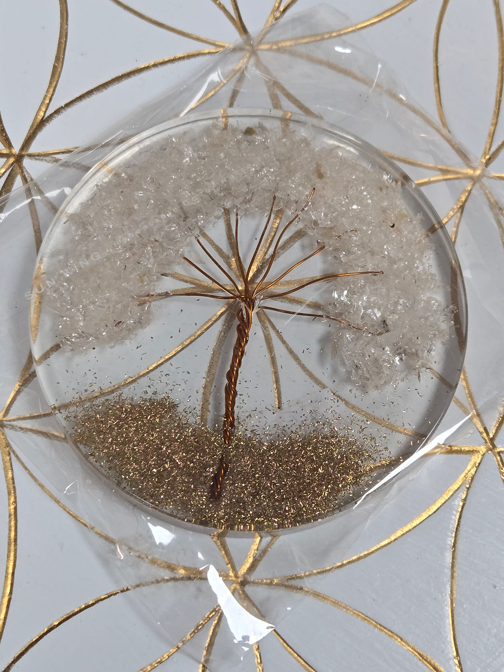 Cristal de roche plaque orgonite arbre de vie