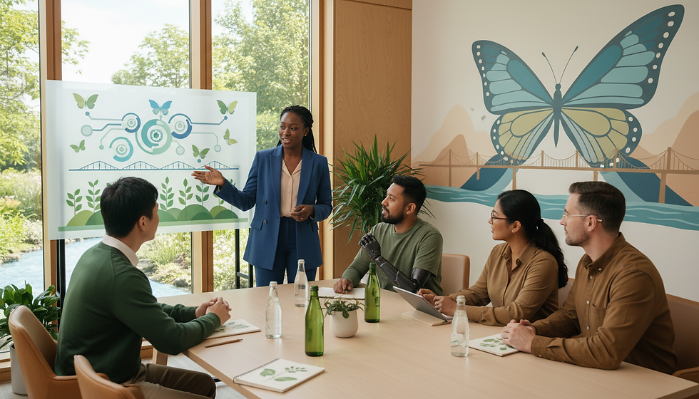 Eye-level view of a conference room with a small group engaged in a leadership workshop