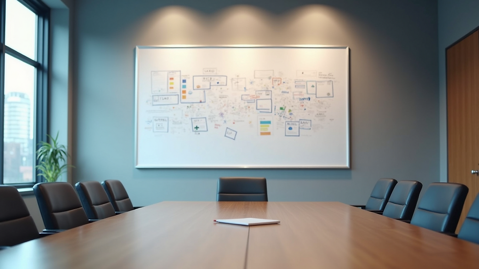 Eye-level view of a conference room with a whiteboard filled with strategic plans