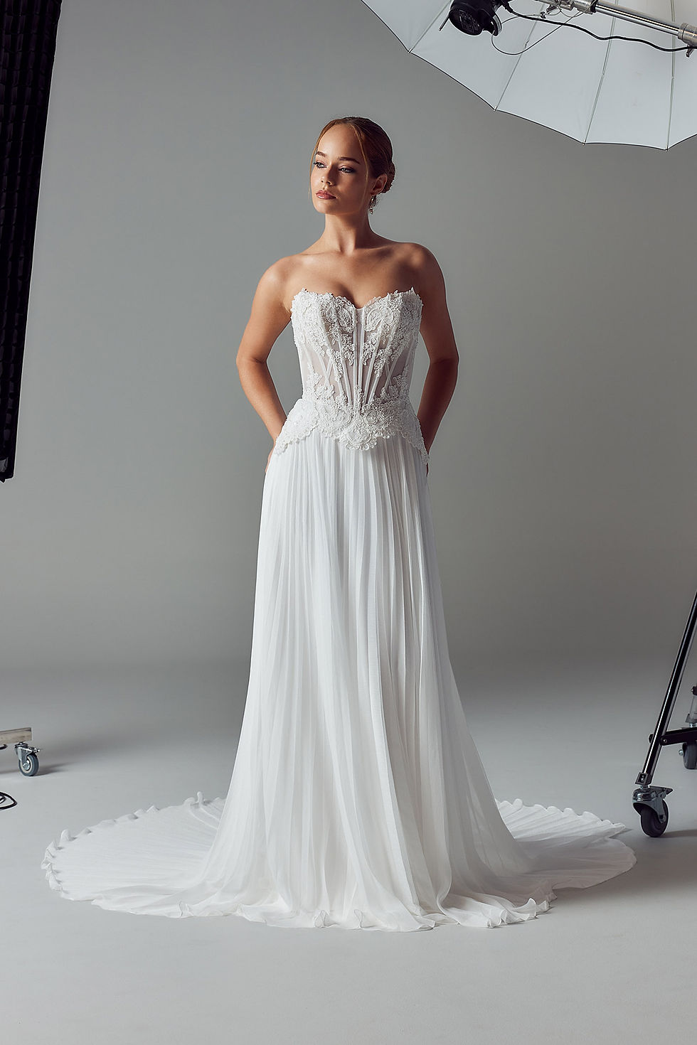 Thumbnail: Evie Young Sally wedding dress without detachable lace sleeves available in Ireland at Zadika Bridal