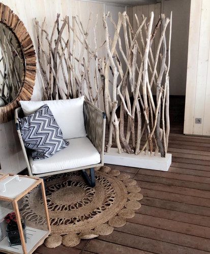 Paravent En Branches De Teck Brut Blanchi 180 Cm - Décoration Naturelle Style Bord De Mer, Séparation D'espace Unique