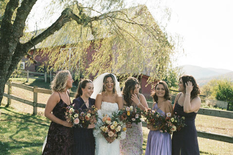 Bride and bridesmaids in mismatched purple dresses in front of vermont alpaca farm