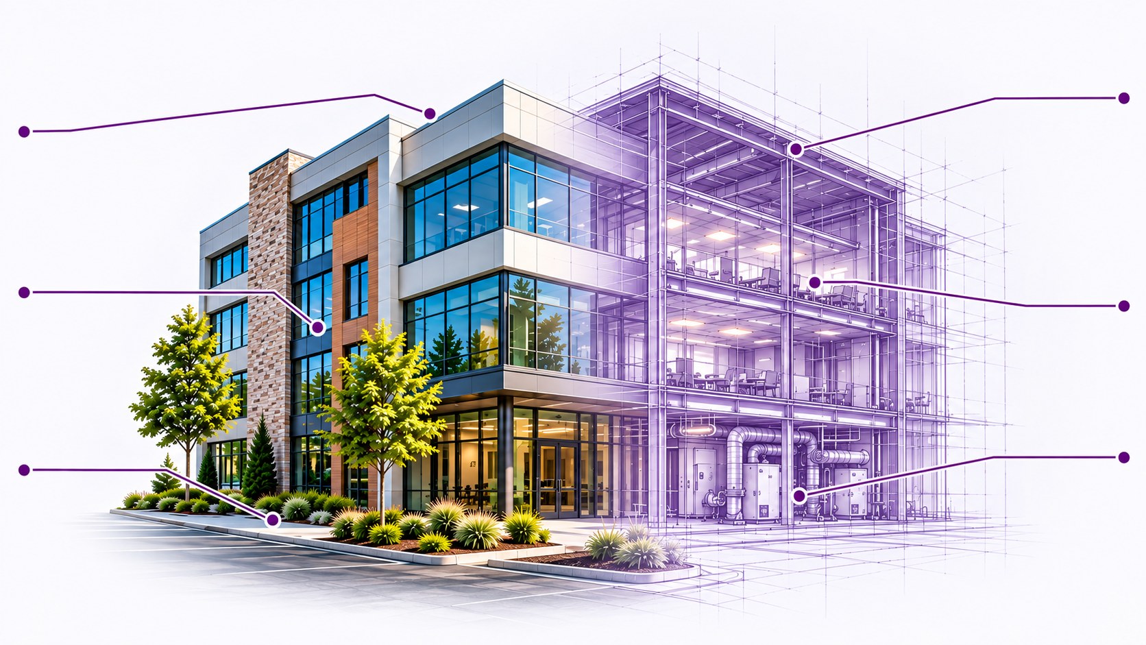 Modern office building transitioning from its finished exterior to a purple blueprint cutaway showing structure, interior spaces and building systems.