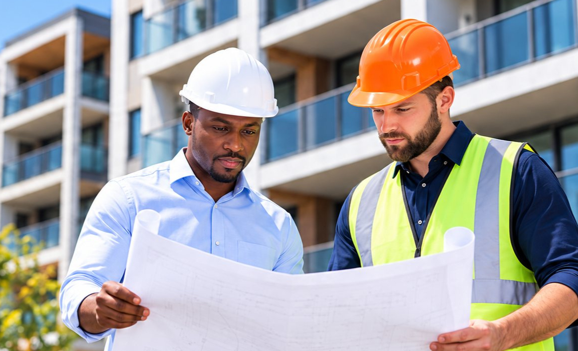 Property assessment professionals reviewing building plans at a multifamily property.