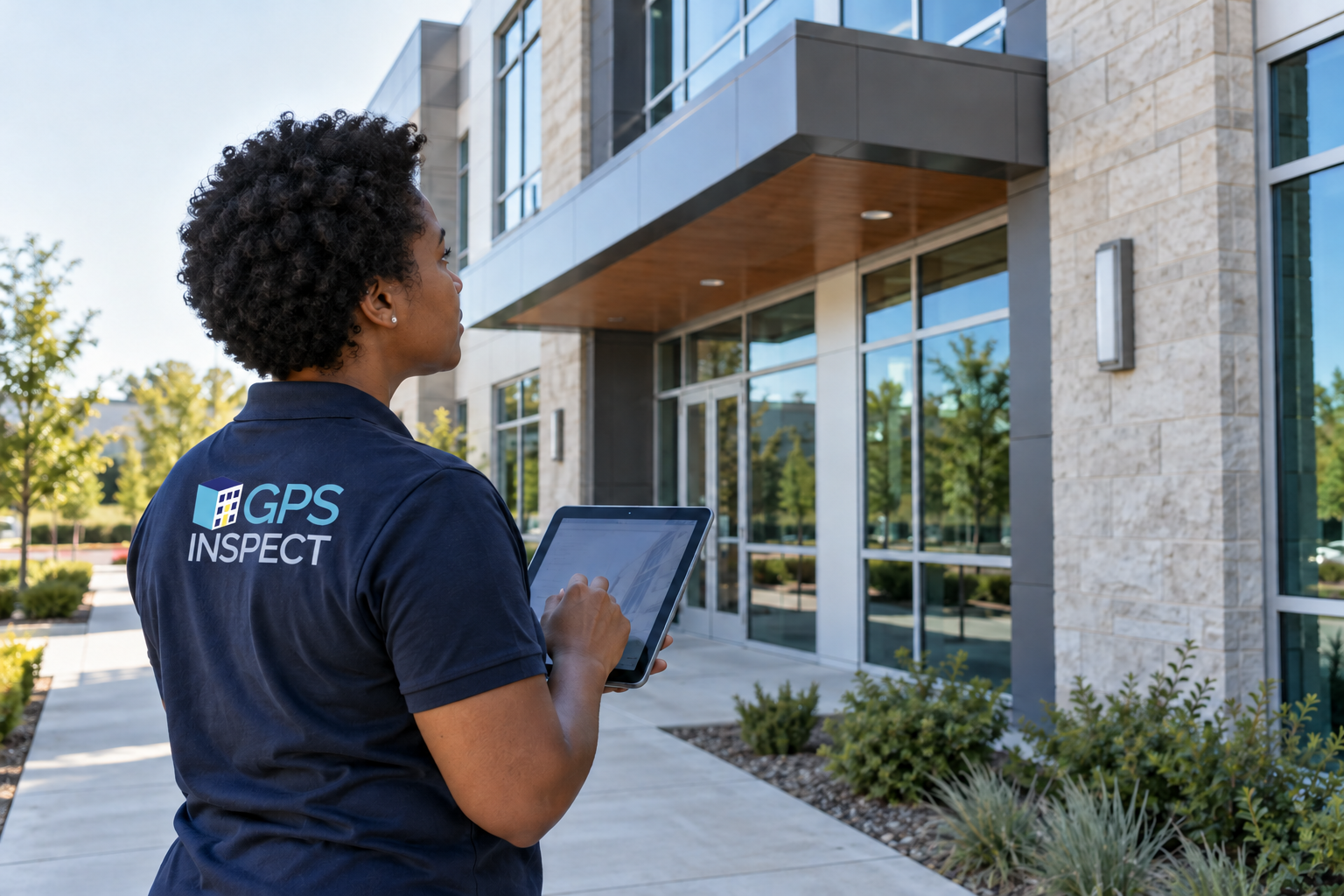 Inspector wearing a GPS Inspect polo documenting a commercial building exterior with a tablet.