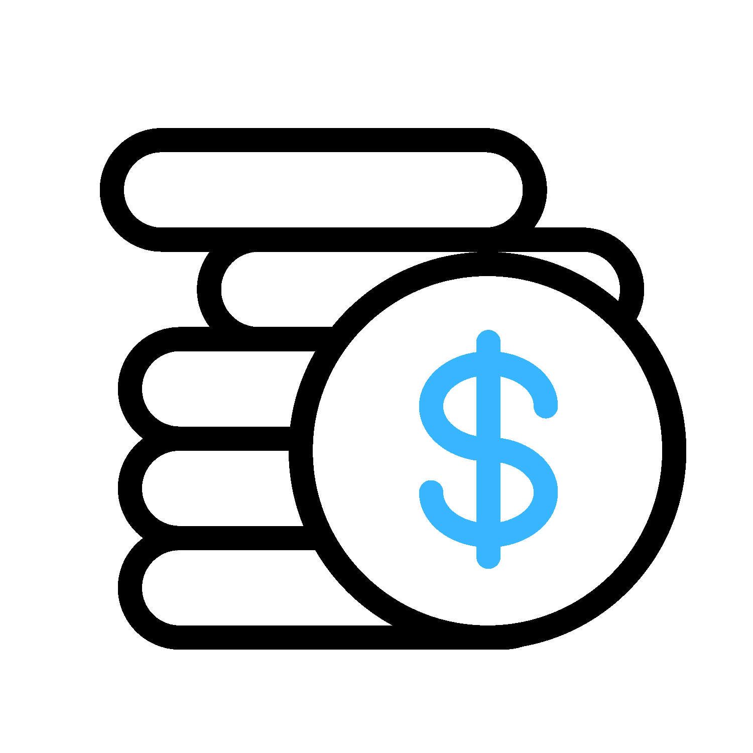 Animated icon representing stacked coins and dollar sign, symbolizing savings and debt repayment.