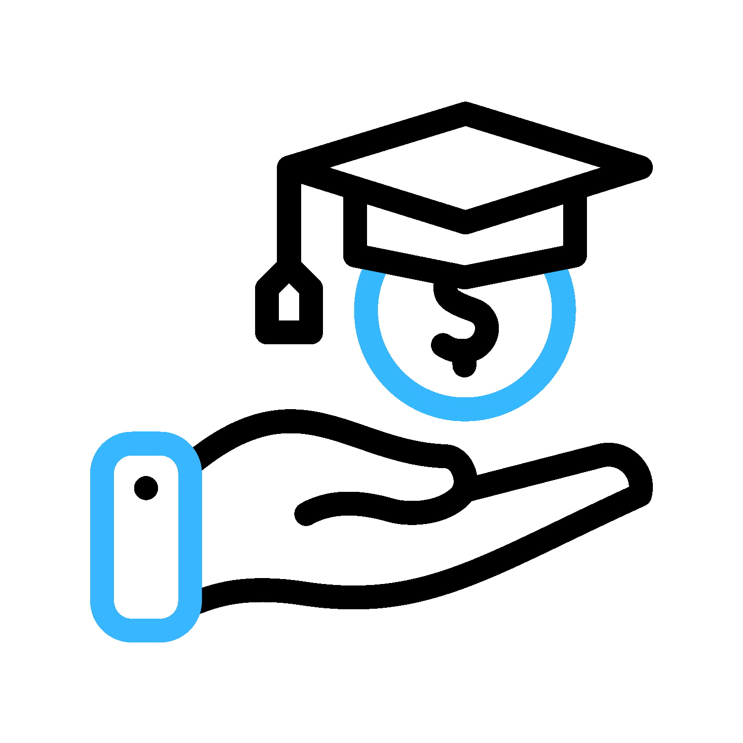 Animated icon of a graduation cap and hand, symbolizing student loan debt management.