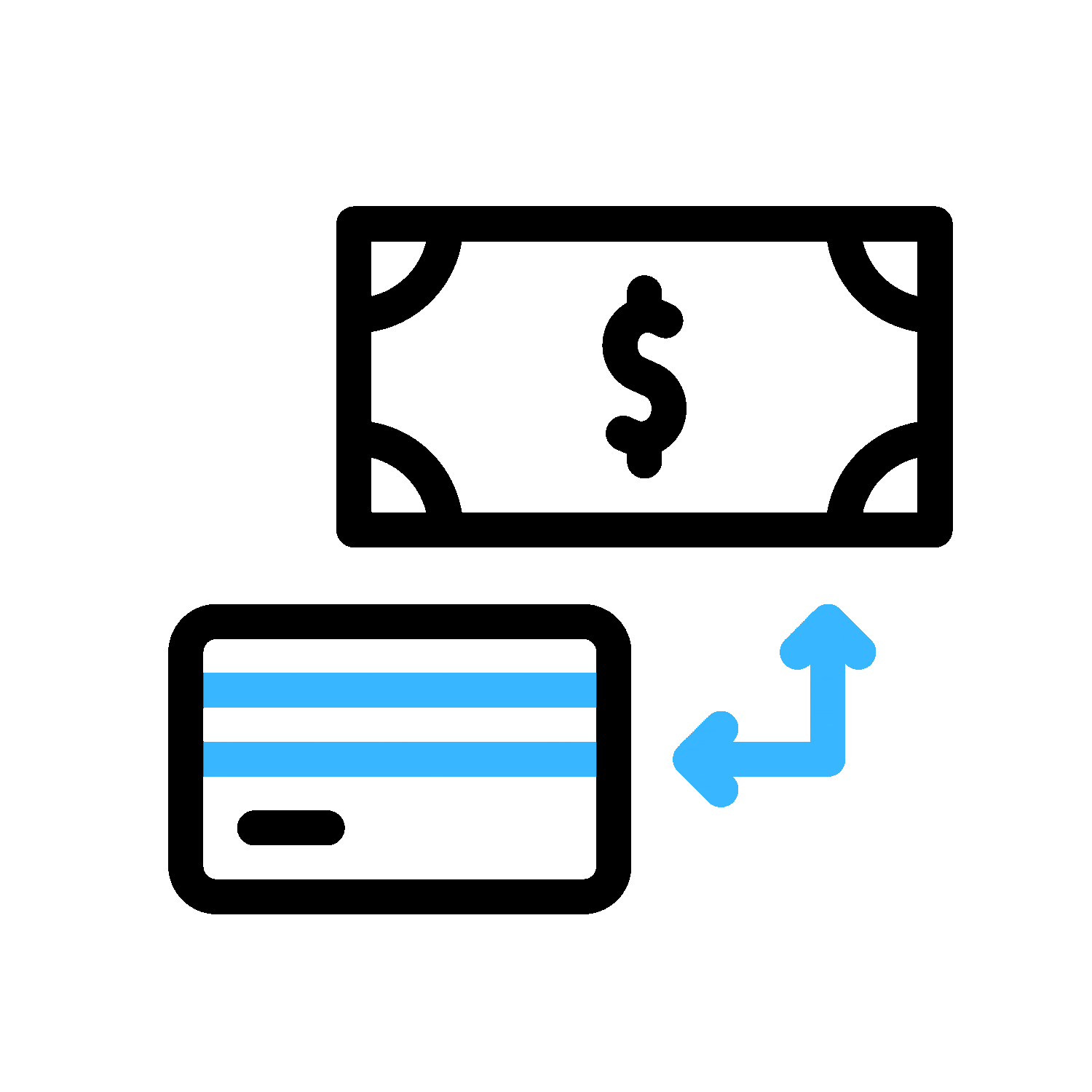 Animated icon of credit card and cash symbolizing credit card debt solutions.