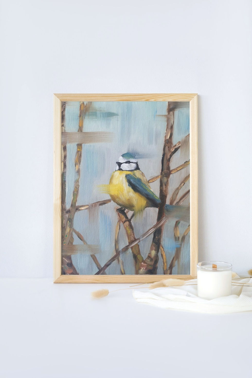 Thumbnail: Blue Tit in the rain, oil on canvas, stretched canvas original artwork, unique gifts