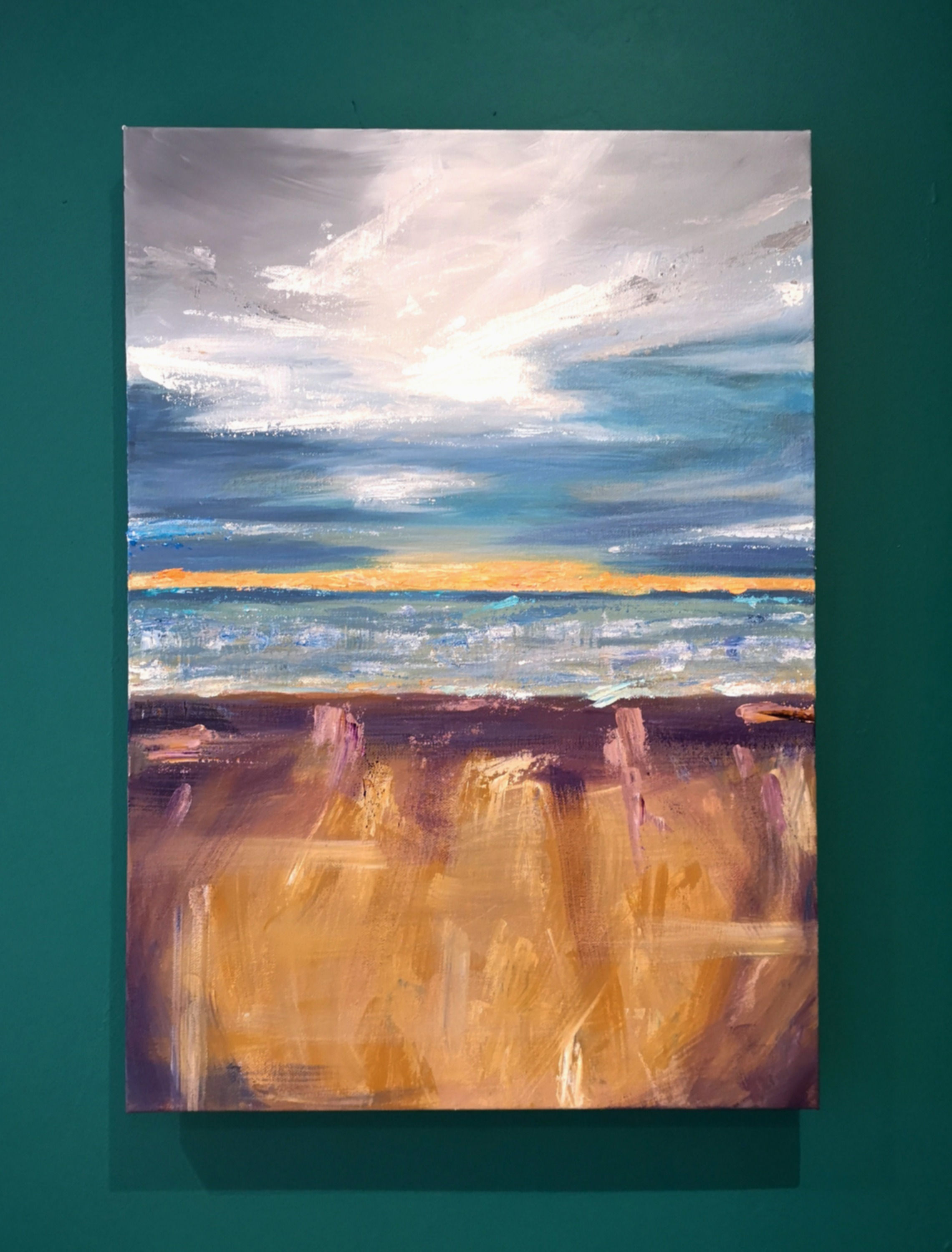 Collecting Moments, Abstract painting of a sunset on Beadnell Bay Northumberland. Bold vibrant coloured artwork