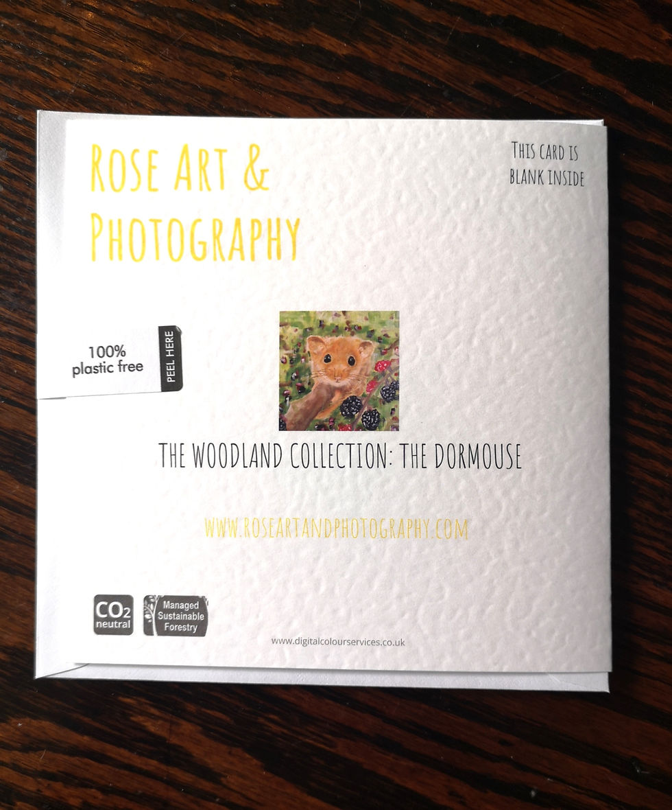 Thumbnail: Back view, The Dormouse greetings card, high quality cards, woodland original artwork, woodland animals