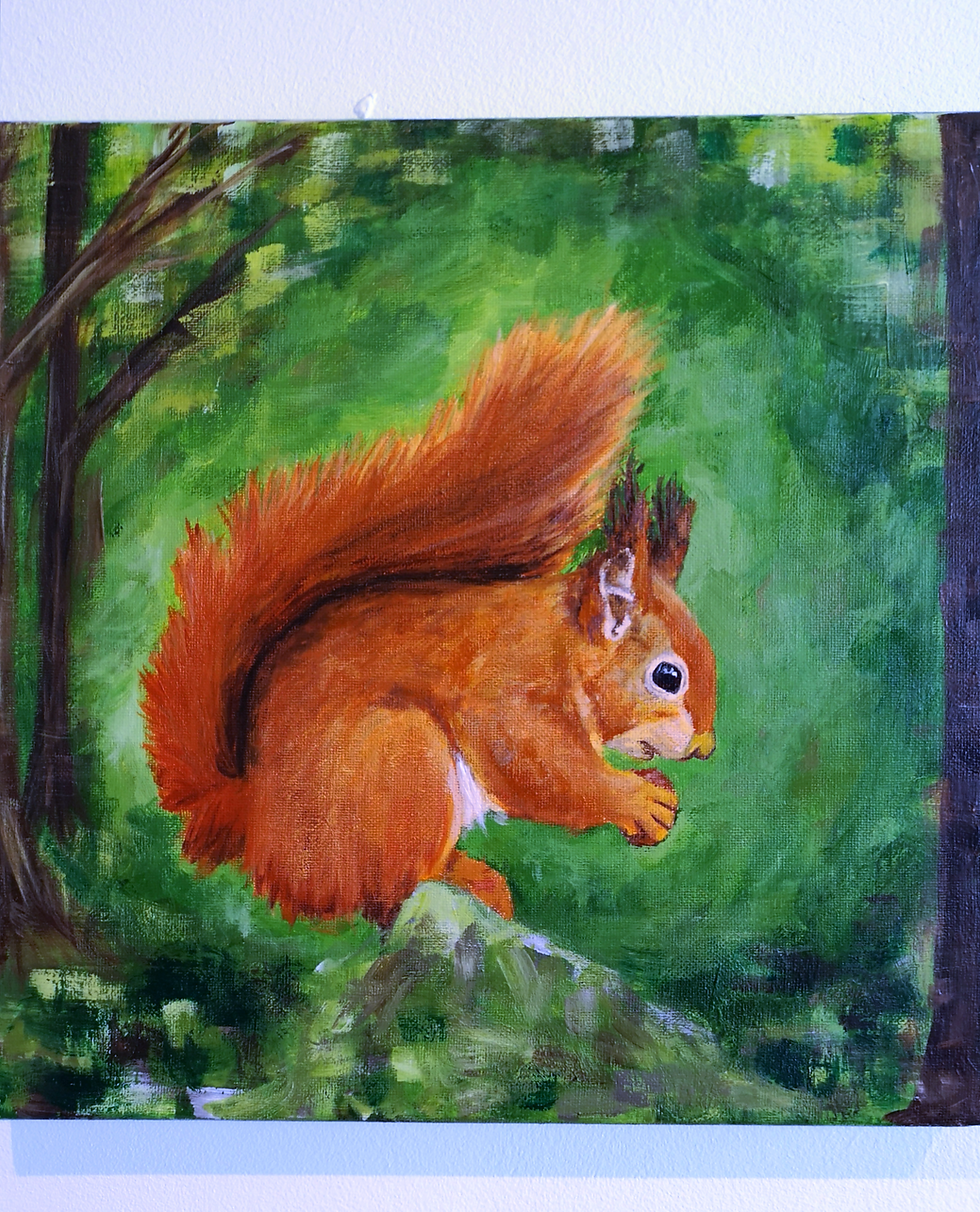 Thumbnail: Red squirrel in deep woodland, original 12x12" canvas, woodland creature paintings part of my woodland collection