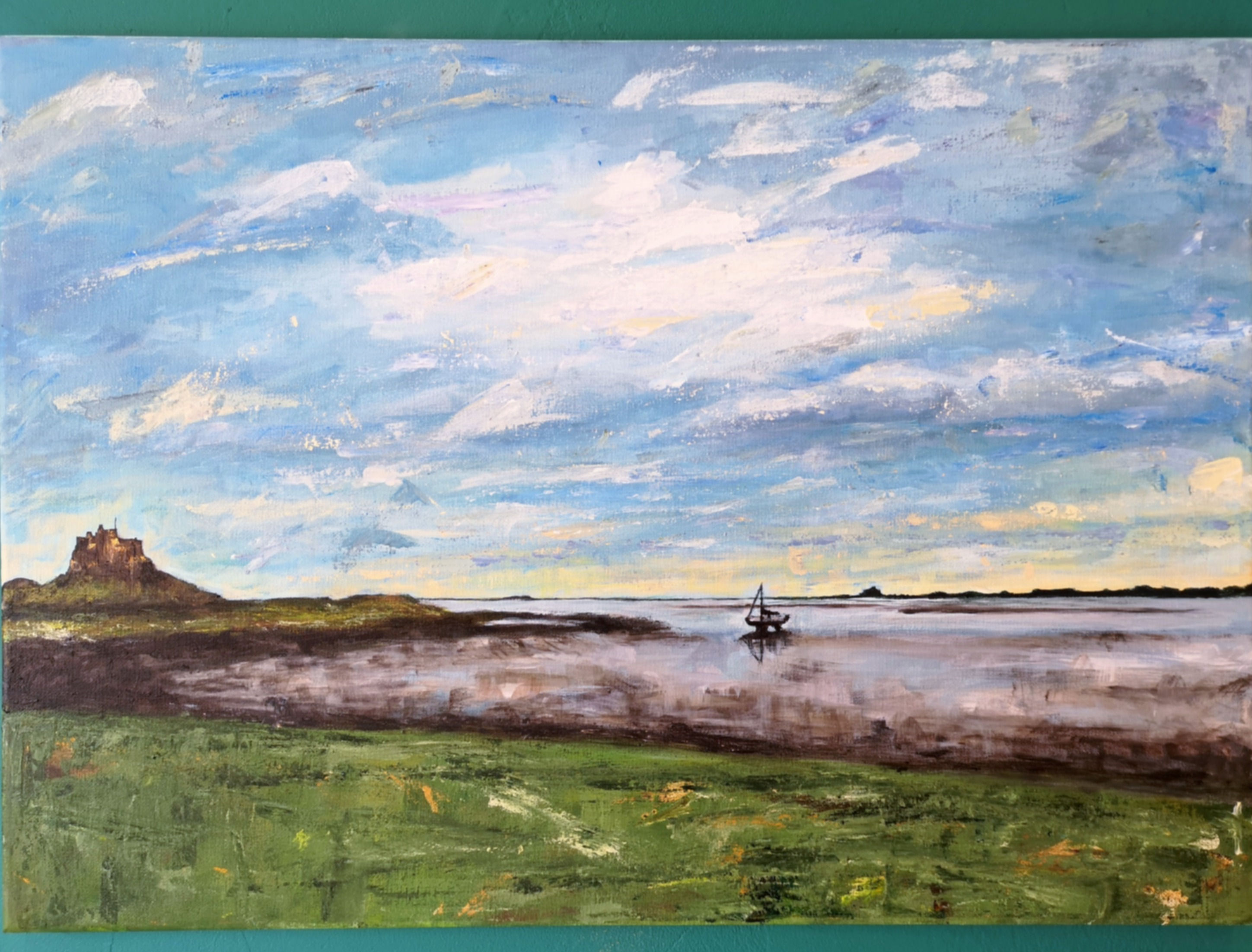 Lindisfarne Skies, view to Lindisfarne Castle on Holy Island in Northumberland. Original painting stunning artwork