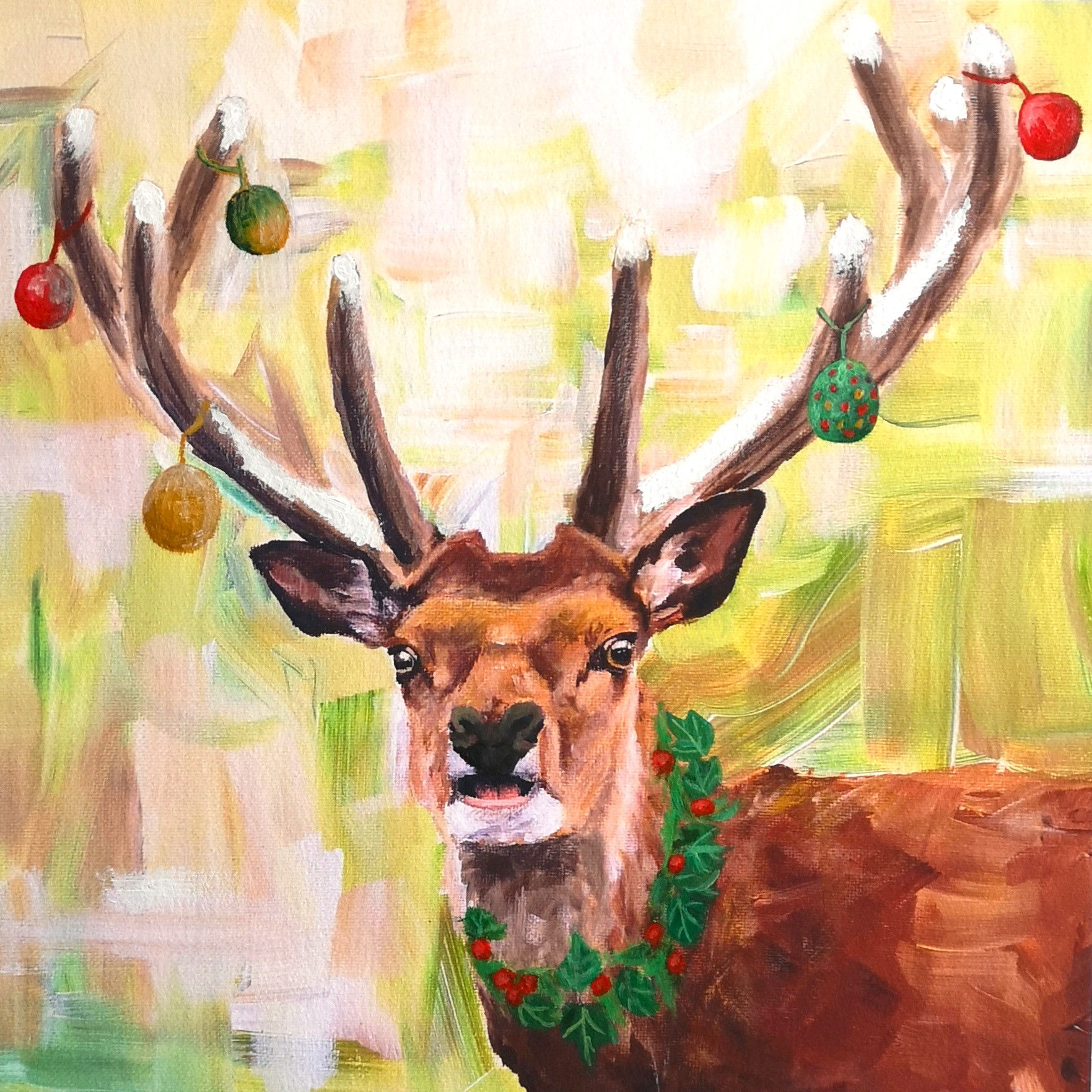 Stag Christmas Card, comical red stag with Christmas baubles