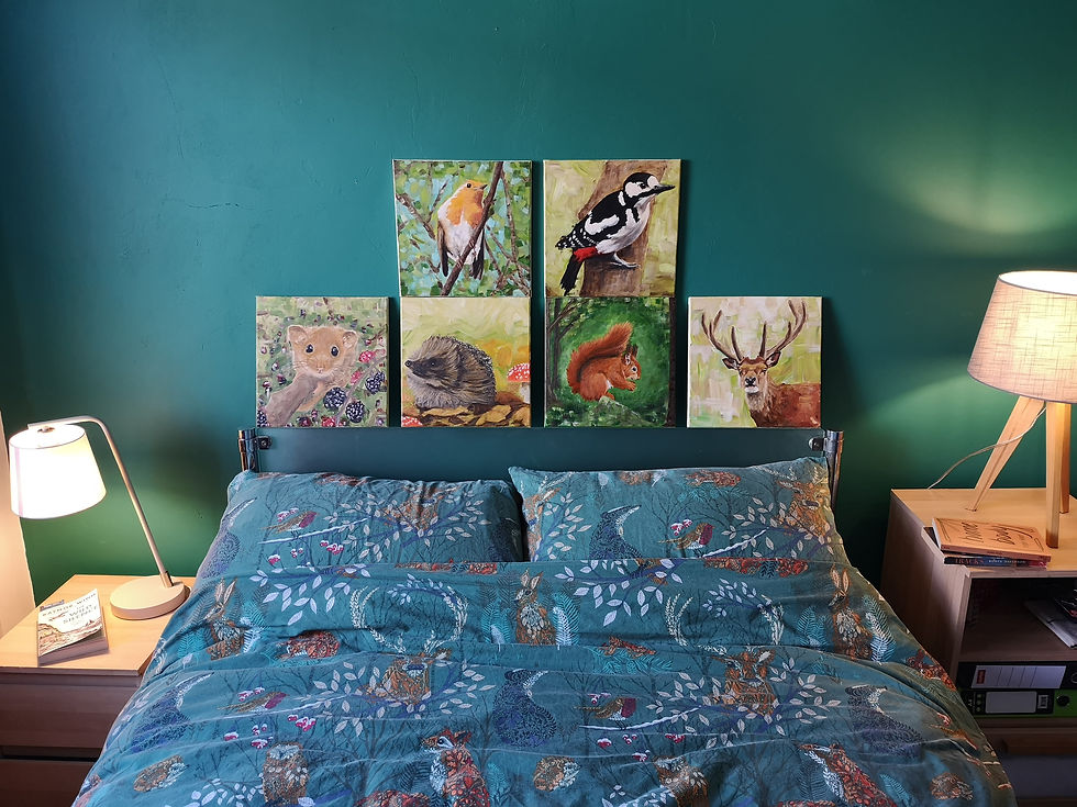 Thumbnail: Group shot, woodland collection showing all the animals of my original canvas artwork