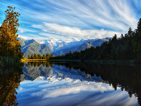 Lake matheson landscape photo print in New Zealand near Fox glacier beautiful reflective lake.