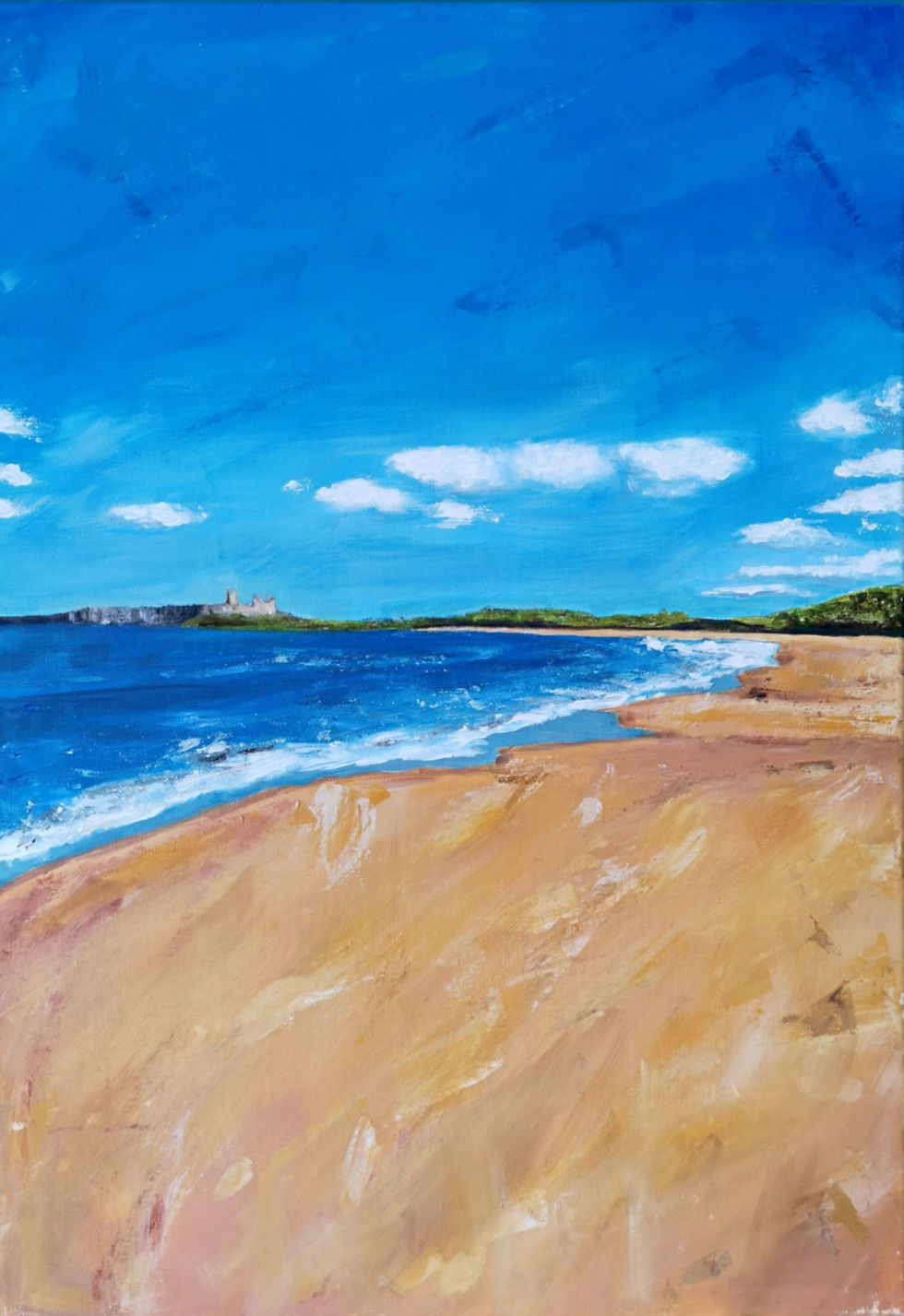 View Dunstanburgh Castle from Embleton Beach Northumberland. Original acrylic painting seascape A2 Stretched Canvas artwork