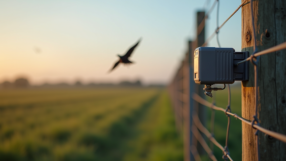 Eye-level view of laser bird repellent device installed on farm fence