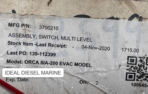 Switchs for sale for EVAC wastewater treatment plant Model: ORCA IIIA-200 EVAC MODEL Name: MULTY LEVEL SWITCH Part name: ASSEMBLY, SWITCH, MULTI LEVEL ( MULTI LEVEL SWITCH ASSEMBLY )
P/N: 3700210 QTY: 2 SETS Conditon: NEW
