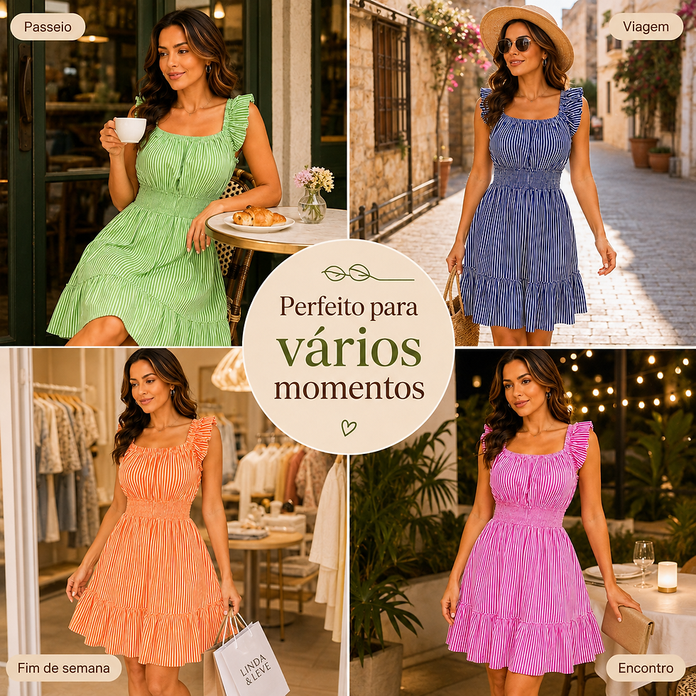 Miniatura: Vestido Feminino Verão Evasê Listrado Decote Quadrado Alça com Babado Cintura La
