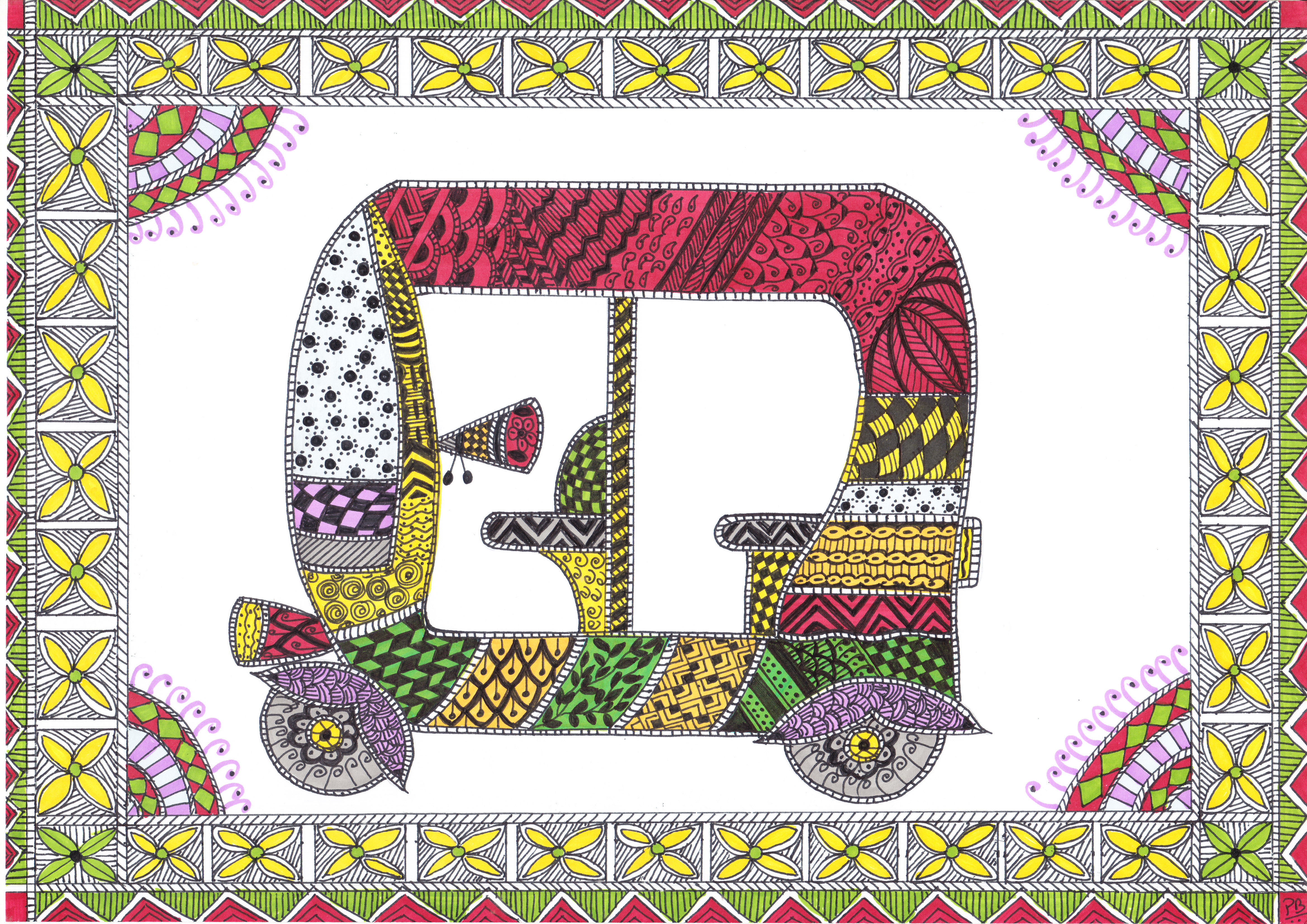 Madhubani and Zentangle Auto Handmade painting