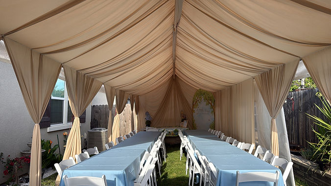 Champagne Draped Canopy Tent Setup for Outdoor Event in Stockton, CA