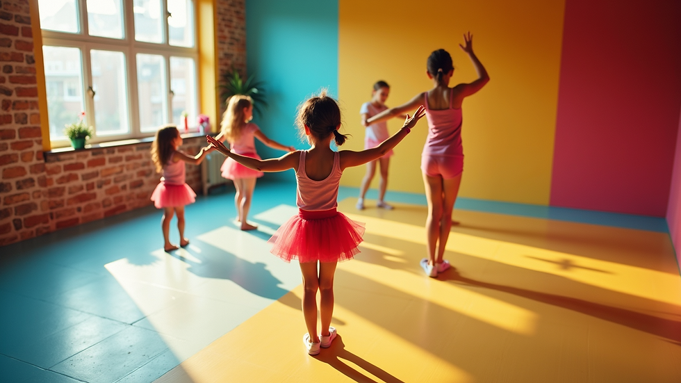 high angle view of a colorful dance studio with children practicing