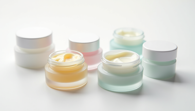 Close-up view of various cosmetic jars showing oil-based and water-based creams