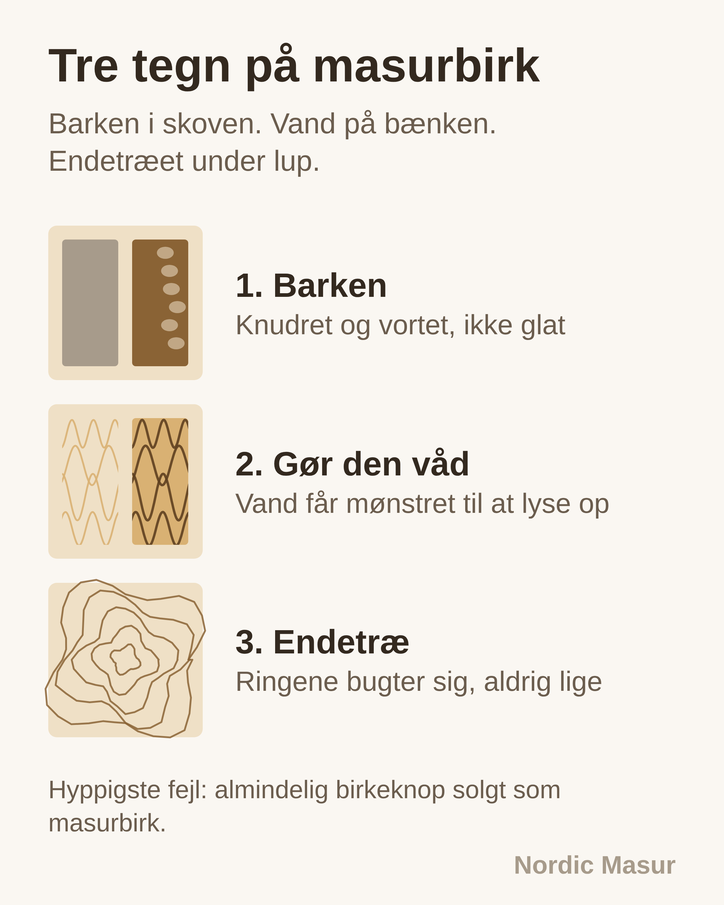 Tre identifikationstests side om side: barkens struktur, en fugtet overflade og årringene i endetræet